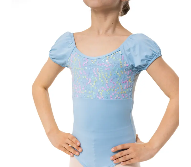 Capezio Lotus leotard, kytičkový dívčí dres s krátkým rukávem - Modrá světle Capezio